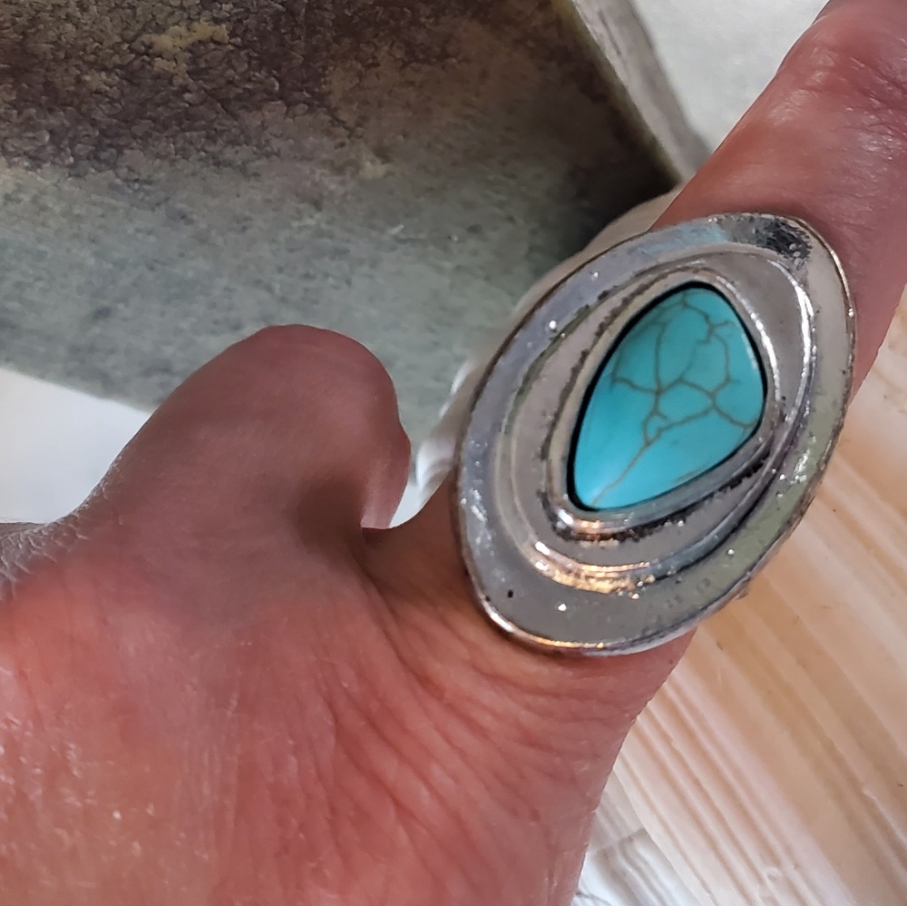 Oval Silver Tone Stretch Band Ring with Large Turquoise Stone 💥3 for $24💥 - Picture 16 of 16